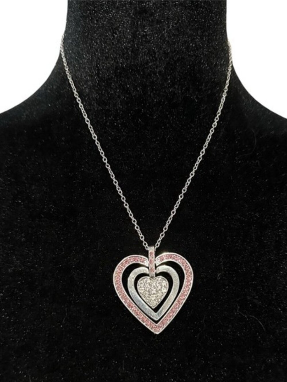 Heart Pendant Necklace Pink Rhinestone Accent Silver Tone Chain Adjustable Women
